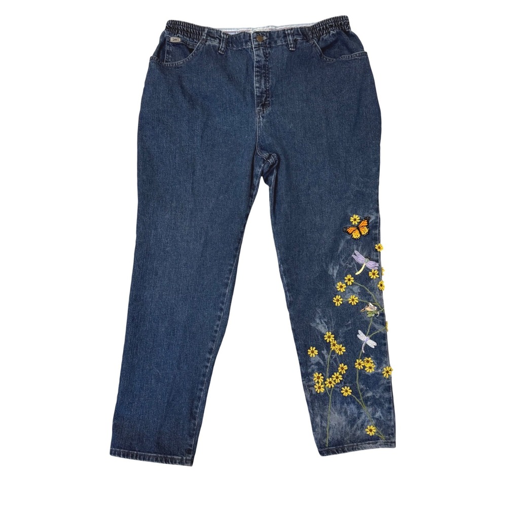 Vintage Lee 18W Embroidered Butterfly Dragonfly Jeans Cottagecore Side Elastic